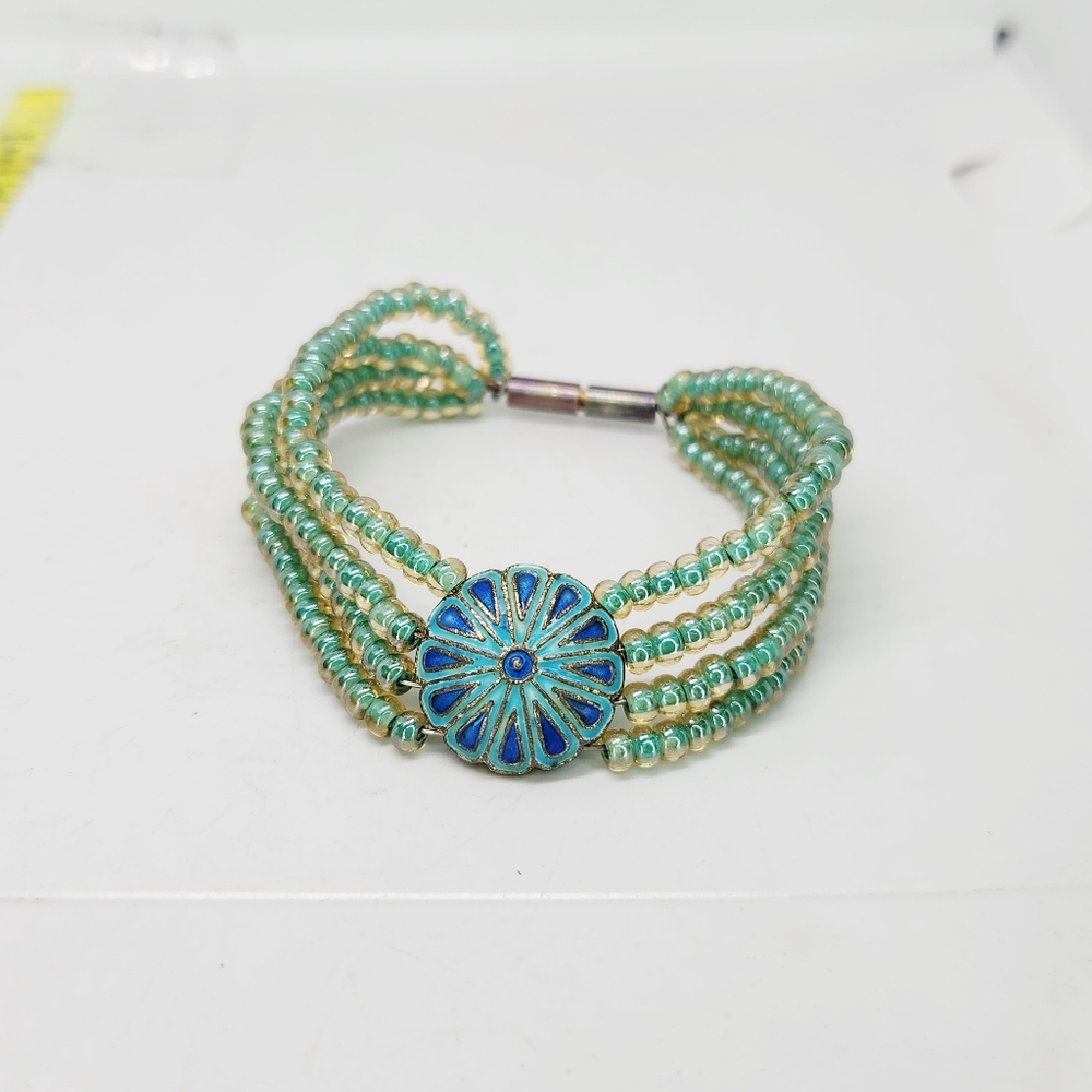 Vtg Aqua Color Lined Bead Flower Cloisonne Enamel Puffy Charm Center Bracelet 7"